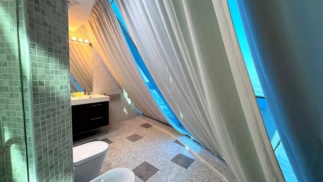 En-suite bathroom finished in mosaic tile, with a dark vanity and walk-in shower, lit by a full-height window behind sheer curtains