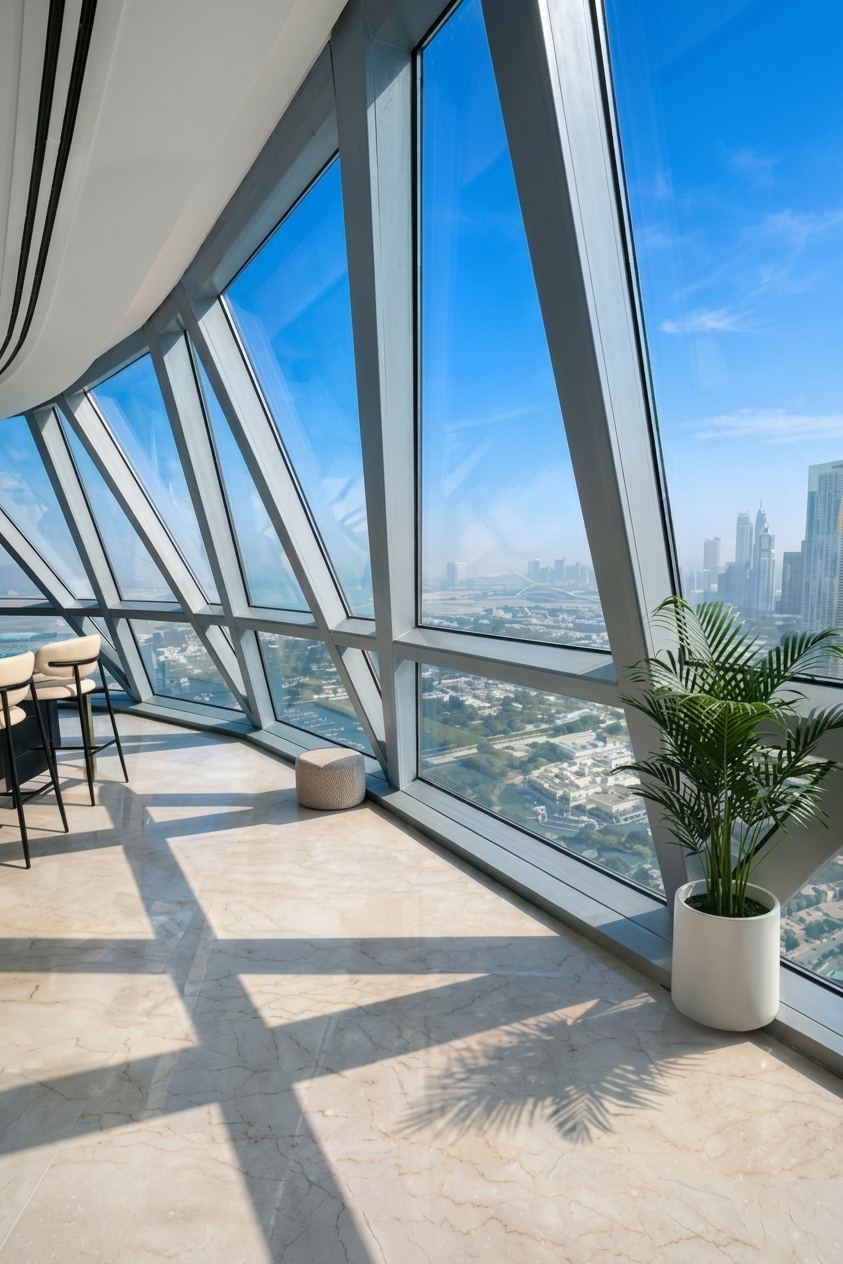 Floor-to-ceiling angled glazing in the duplex penthouse, looking out across Dubai from the upper level