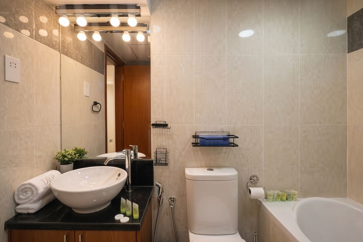 Guest bathroom with a vessel basin on a dark stone counter, mirrored wall and bath