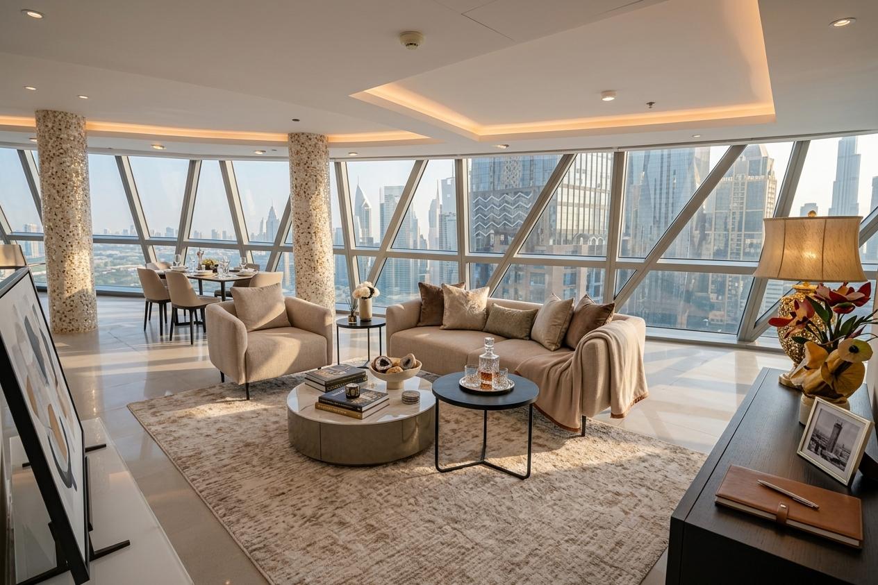 Main living area of the DIFC duplex penthouse at sunset, framed by floor-to-ceiling angled glazing overlooking the Dubai skyline