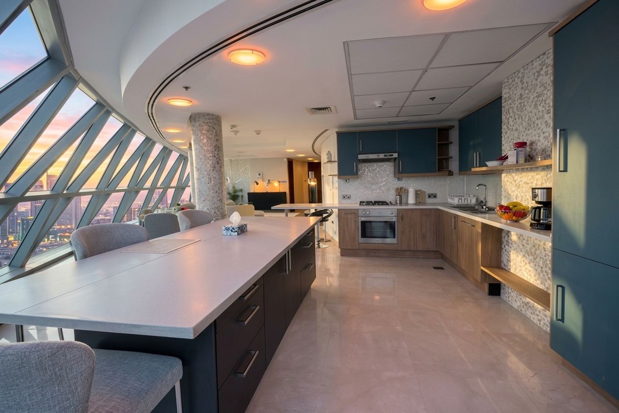 Kitchen with breakfast bar seating, fitted cabinetry and appliances, opening onto the glazed living space