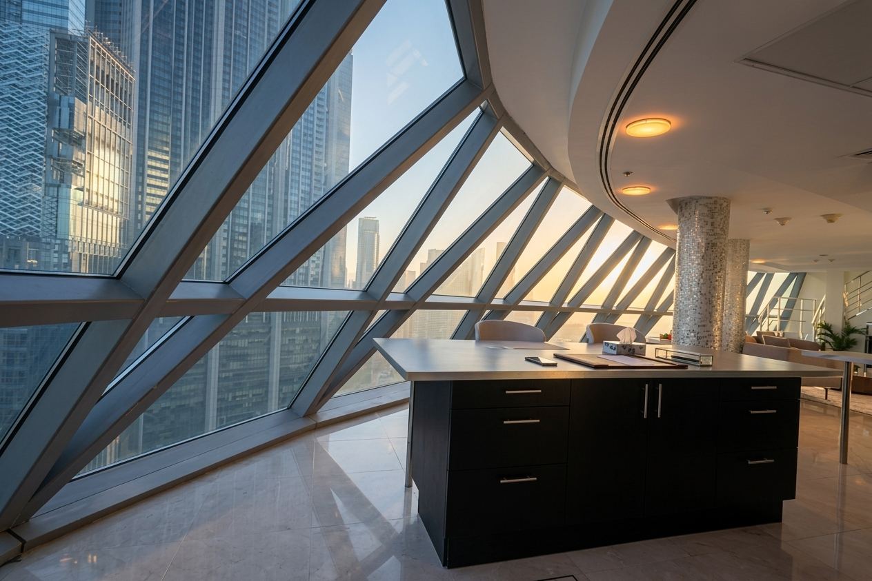 Dark kitchen island beneath the dramatic diagonal structure of the tower’s glass façade