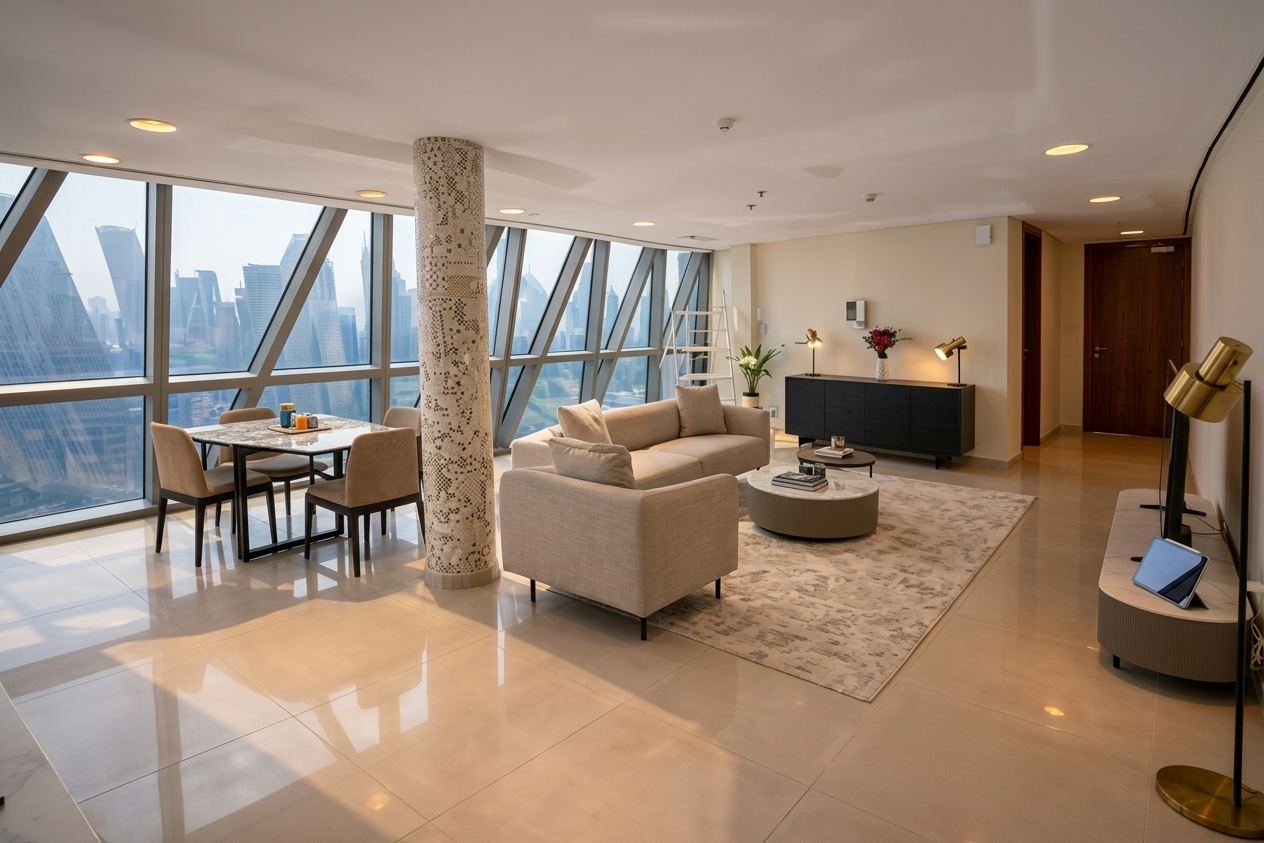 Second aspect of the living area, showing the seating arrangement and the run of glazing along the façade