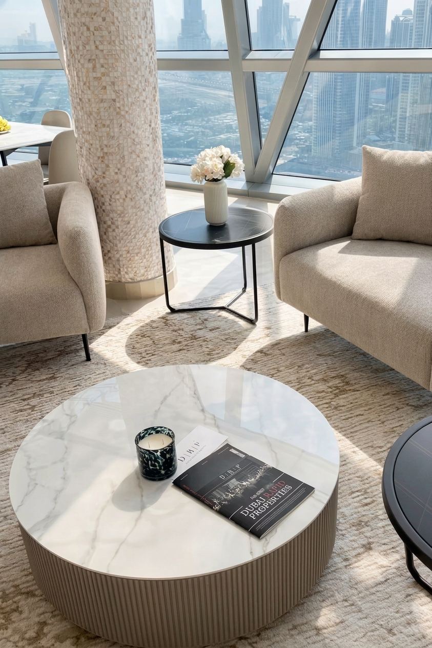 Detail of the lounge: a fluted marble coffee table with a candle and book, beside a pale armchair