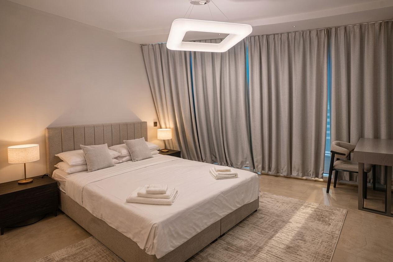 Master bedroom with a tall upholstered headboard, twin bedside lamps, a writing desk and full-height curtained windows