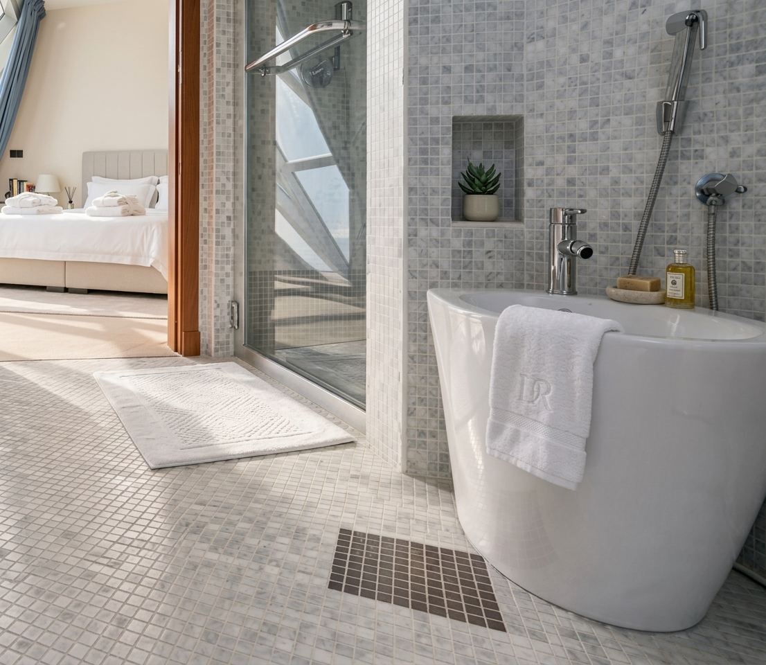 Master en-suite bathroom with a freestanding oval bath, walk-in rain shower and marble mosaic tiling, with the bedroom beyond