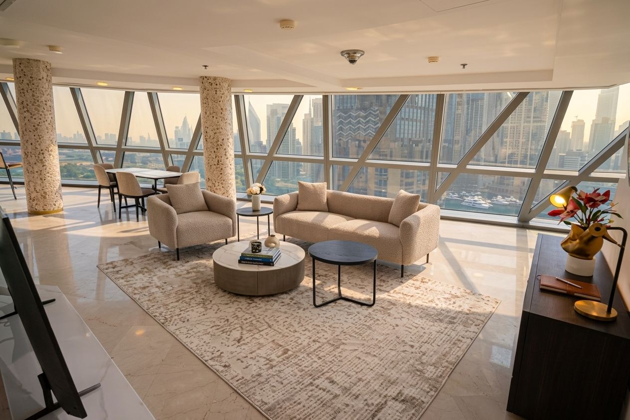 Upper-level lounge with seating arranged along the curved glass wall above the coastline