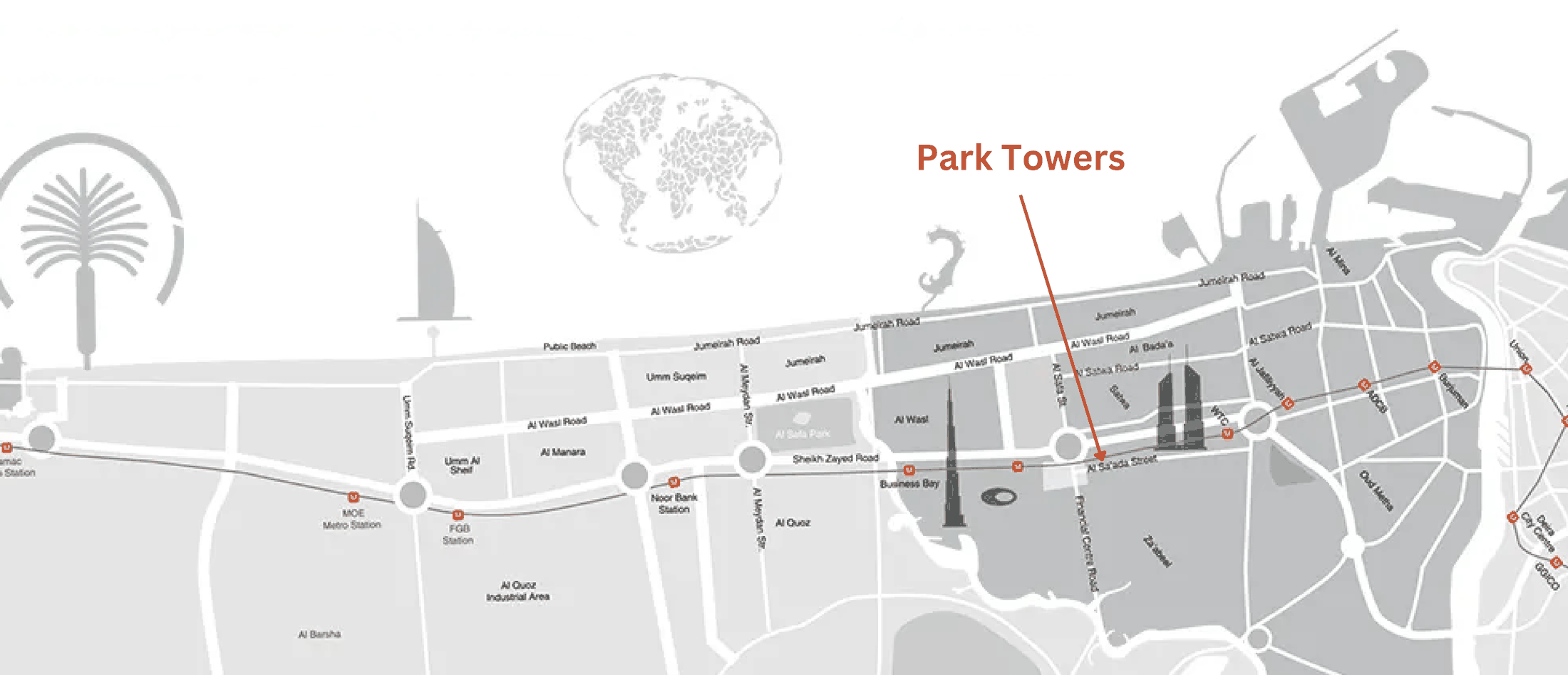 Illustrated map of the Dubai coastline from Palm Jumeirah to Deira, with Park Towers marked in orange within DIFC, beside Sheikh Zayed Road